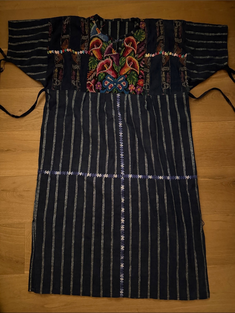 Vintage Handmade Embroidered Mexican Huipil Dress - NavyMulticolor Floral Yoke